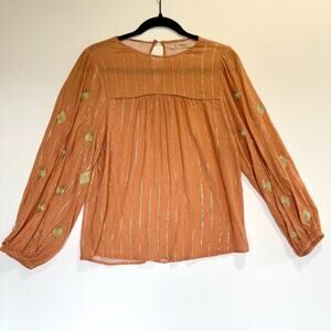 Maria Filo Brazil Peasant Blouse Metallic Thread Sheer Boho Gold Orange Womens M